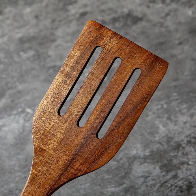 Kitchen Premium Teak Wooden Slotted Spatula-Long Handle, Flat Frying, Non-Stick Safe, Handmade, Multipurpose,Wooden Turner, Wooden Spatula for Cooking  Gifting