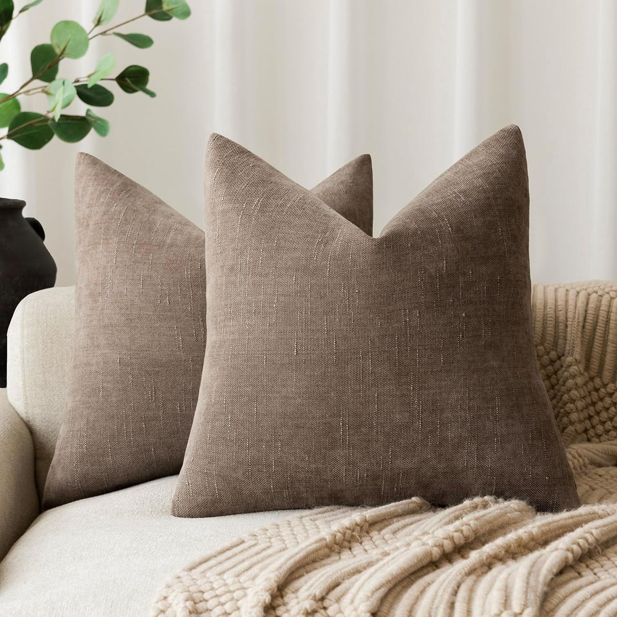 Foindtower Pack of 2 Soft Textured Chenille Throw Decorative Pillow Covers Square Accent Solid Cushion Cover Cozy Farmhouse Pillow Case with Zipper for Couch Sofa Bedroom Living Room 24x24 Inch, Taupe