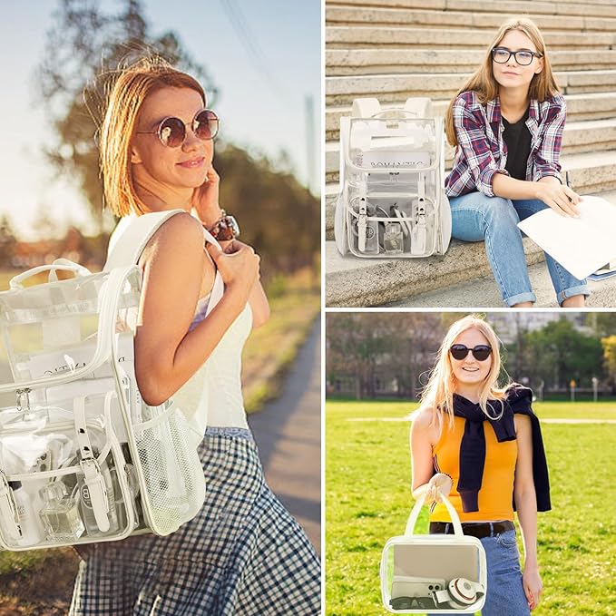 Clear Backpack with Clear Bag Set, Leather Clear Backpack Heavy Duty Thick PVC Clear Bookbag Fashion See Through Transparent Backpack with Support Pad for College Travel Work Security Beige