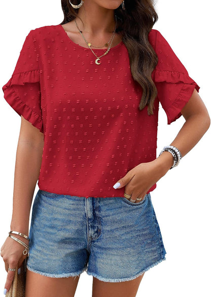 PRETTYGARDEN Women's Tops 2026 Summer Ruffle Short Sleeve Crewneck Blouses Swiss Dots Solid Loose Tunics Work Shirts