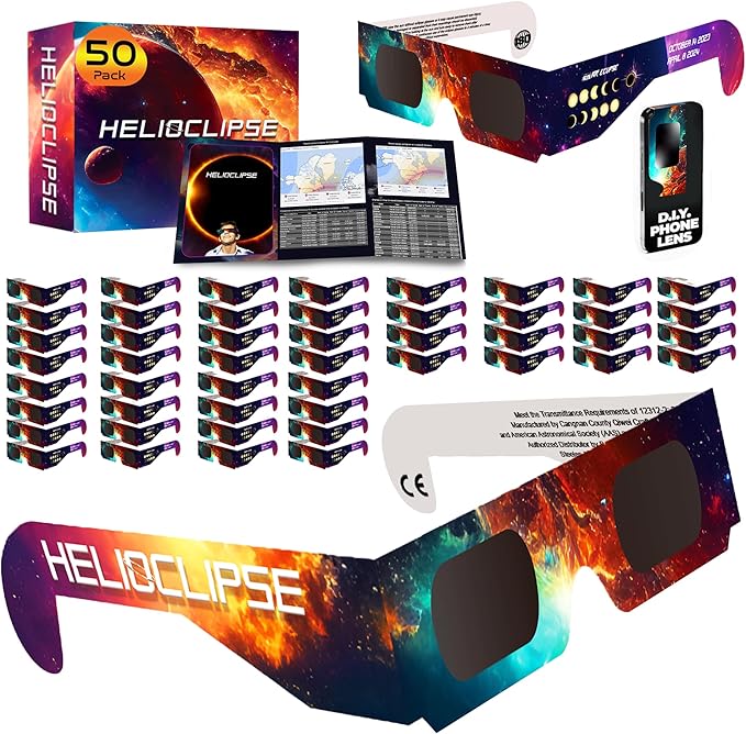 Helioclipse 50 Pack Solar Eclipse Glasses 2024 - Trusted for Direct Solar Eclipse Viewing - Iso 12312-2  Ce Certified