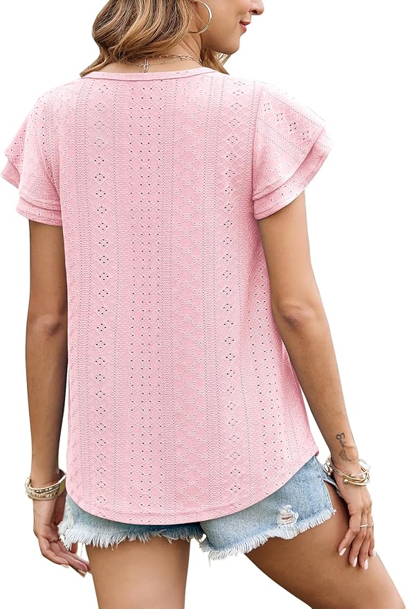 Zwurew Womens Summer Tops Crewneck Eyelet Ruffle Sleeve Blouses Casual Babydoll Shirts 2025 S-2XL
