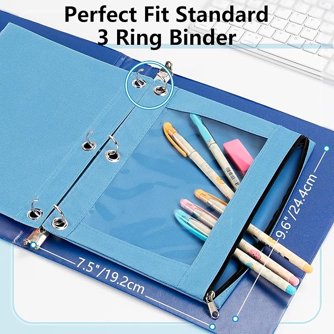 Forvencer 3 Ring Binder Pencil Pouch with Smooth Zipper, Clear Window Pencil Case, Big Capacity Pencil Bag with 3 Reinforced Grommets, Gree