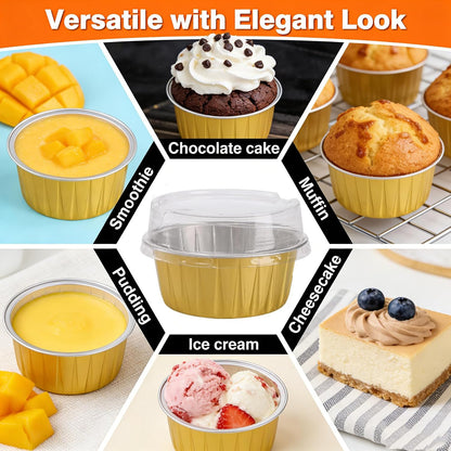 100 Pack Disposable Ramekins, No Lids Included, 5oz Golden Mini Cupcake Tins, Aluminium Foil Baking Cups for Muffin Tart Pie Tin Pan Holder for Party Favor Birthday Wedding (No Lids Included)