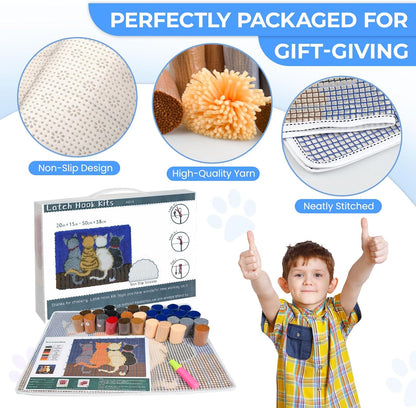 Latch Hook Rug Kit DIY Crochet Carpet for Beginners, Cats Patterns Pre-Printed Canvas Yarn Rug Hooking Kits, Creative Craft Home Decor Ideal for Learning Rug Making, Blue