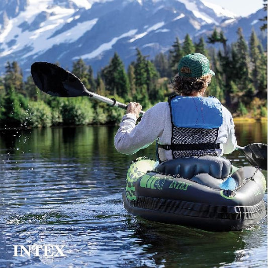 INTEX Challenger Series Inflatable Kayak: Includes 86-inch luxury kayak paddles and high-performance pump - Super strong PVC - Adjustable seat with backrest - Removable Skeg - Net of