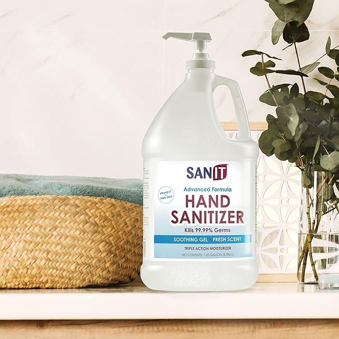 Sanit Moisturizing Hand Sanitizer Gel 70 Ethyl Alcohol - Kills 99.99 Germs, Advanced Formula with Vitamin E and Aloe Vera - Soothing Gel, Fresh Scent, Made in USA - 1 Gallon with Easy to Use Pump