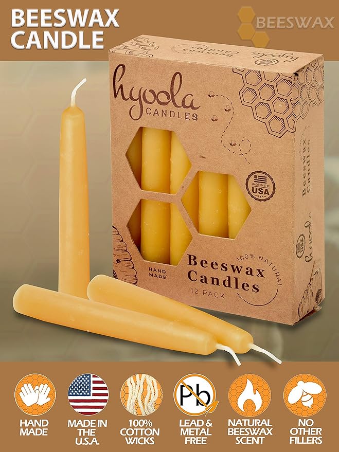 Hyoola Beeswax Candles 12 Pack - All Natural 100 Beeswax Tree Candles - 12 Inch Candles - Handmade in The USA - Yellow