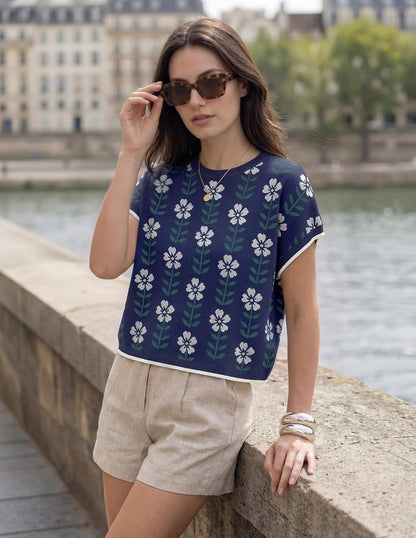 ZESICA Women's Summer Floral Short Sleeve Sweater Vest 2026 Crewneck Loose Knit Tank Tops Going Out Trendy Clothes