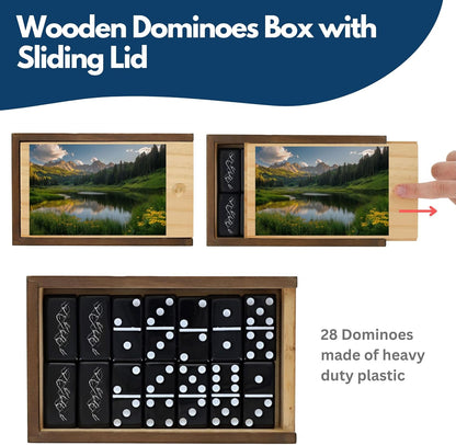 WE Games Custom Color Logo or Image Double 6 Black Dominoes Set in Wooden Case (Random Image)