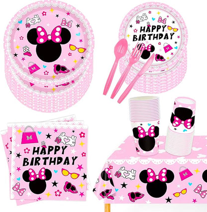 161Pcs Pink Cartoon Mouse Party Decorations Tableware Set Party Supplies Plate,Cup,Cutlery,Tablecloths for Pink Mouse Theme Birthday Baby Shower Wedding Party Decorations Supplies