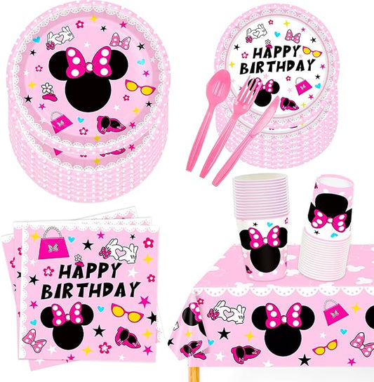 161Pcs Pink Cartoon Mouse Party Decorations Tableware Set Party Supplies Plate,Cup,Cutlery,Tablecloths for Pink Mouse Theme Birthday Baby Shower Wedding Party Decorations Supplies