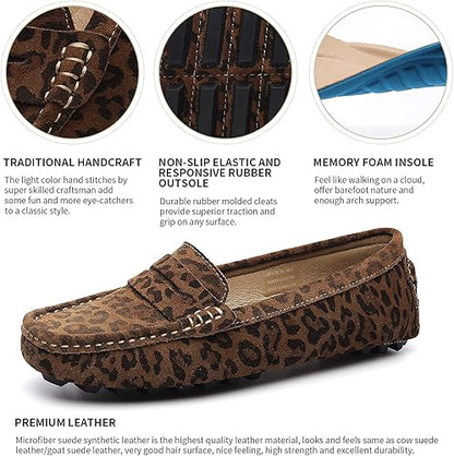 Osslue Women's Suede Leather Casual Penny Loafers Retro Ladies Moccasins Driving Mocs Comfort Slip-On Fashion Boat Shoes Classic Flats