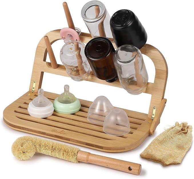 Bamboo Baby Bottle Drying Rack - Space Saving Bottle Dryer & Holder (no brush included)