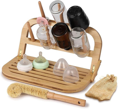 Bamboo Baby Bottle Drying Rack - Space Saving Bottle Dryer & Holder (no brush included)