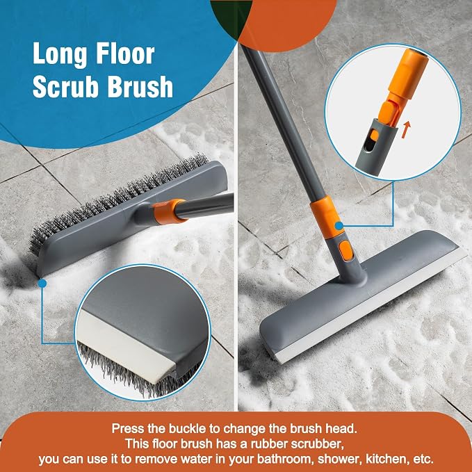 CLEANHOME Floor Scrub Brush Tile Tub Scrubber Brush 4 Different Cleaning Heads, Shower Brush, 56" Extendable Long Handle, For Kitchen, Bathroom, Tub, Tile, Wall
