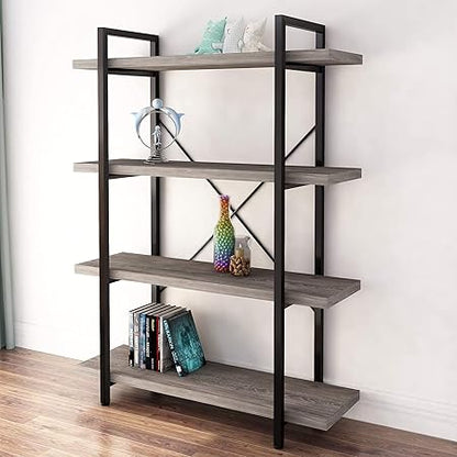 45MinST 4-Tier Vintage Industrial Style BookcaseMetal and Wood Bookshelf Furniture for Collection, Gray Oak, 345 Tier (4-Tier)