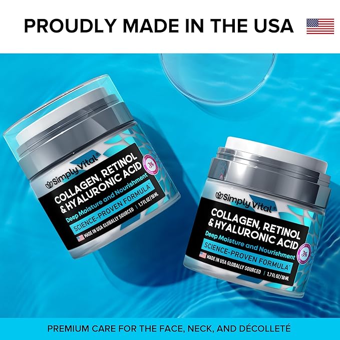 SimplyVital Collagen, Retinol  Hyaluronic Acid Cream - Anti-Aging Face Moisturizer for Face, Neck  Decollete - Made in USA, Daily Moisturizer Face Cream - 1.7 fl.oz.