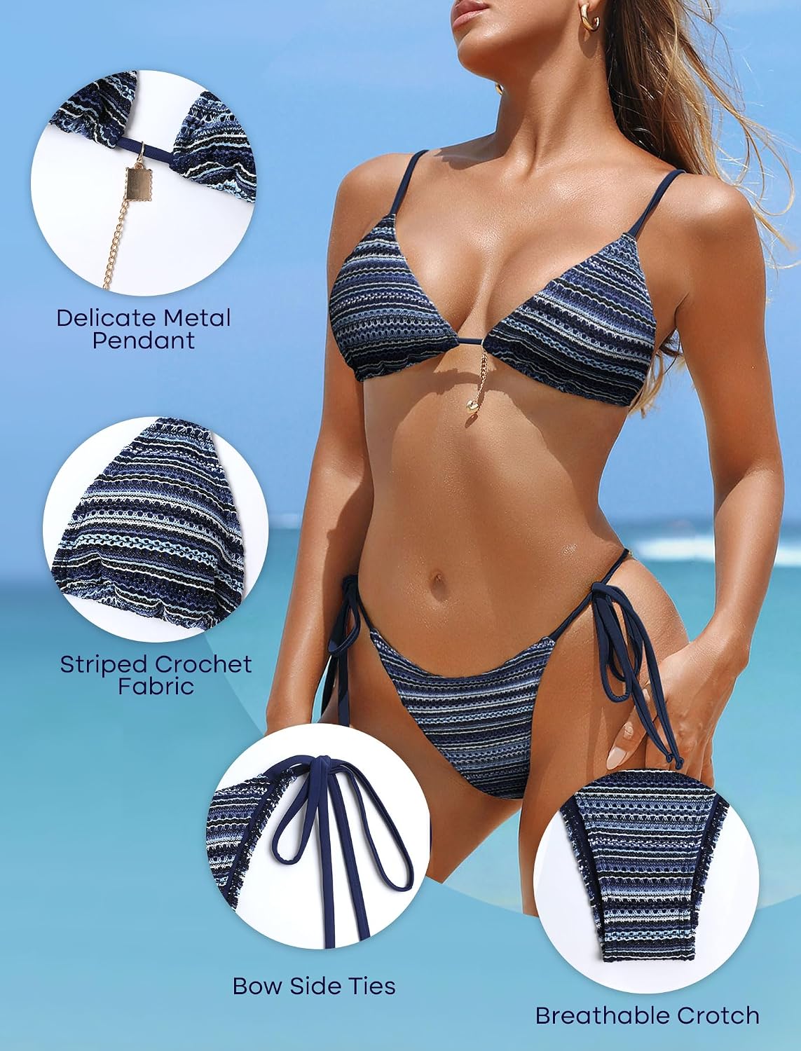 ZAFUL Crochet Bikini Bra Women Cheeky Boho Bathing Suits Striped Brazilian High Cut Thong Bikini Swimsuit for Vacation