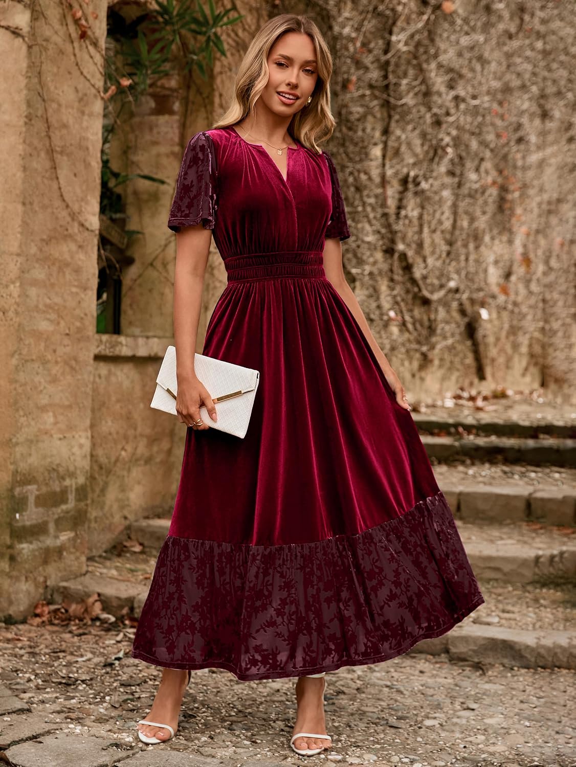 Simplee Women's Formal Velvet Maxi Dress Fall Winter V Neck Floral Short Sleeve Empire Waist Wedding Guest Dresses.