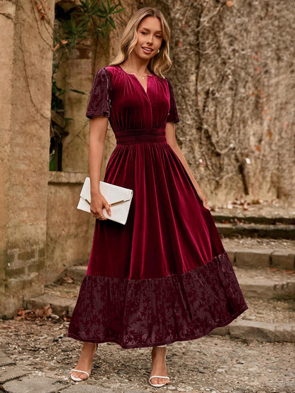 Simplee Women's Formal Velvet Maxi Dress Fall Winter V Neck Floral Short Sleeve Empire Waist Wedding Guest Dresses.