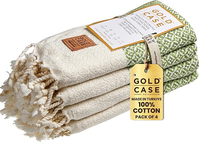 Gold CASE Turkish Hand Towels for Bathroom Set of 4 – 20 x 40'' – 100% Cotton Bathroom Towels – Aphrodite Kitchen Small Towel for Spa, Face, Tea & Dishcloth – Decorative Patterned Weave – Pistachio