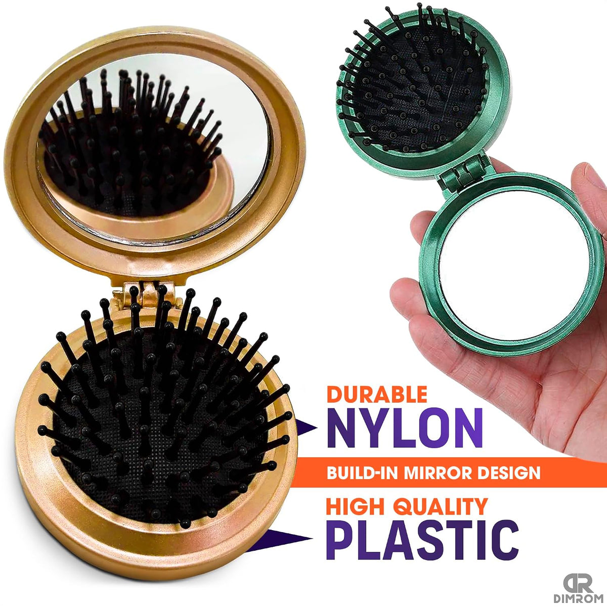 5 Pcs Pocket Hairbrush with Mirror, Travel-Friendly, Soft Bristles Mini Hair Brush with Mirror Set, Foldable, Smooths and Detangles Hair, 2.5x0.8" Size, for Hairstyling and Makeup on the Go (Missing green hairbrush. Set of 5 hairbrushes)