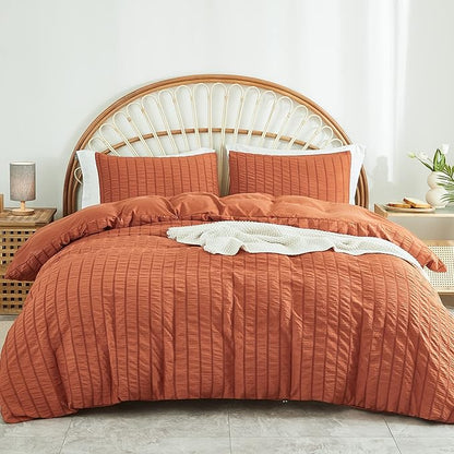 AveLom Terracotta Seersucker Duvet Cover Set King Size (104 x 90 inches), 3 Pieces (1 Duvet Cover  2 Pillow Cases), Ultra Soft Washed Microfiber, Textured Duvet Cover with Zipper Closure, Corner Ties