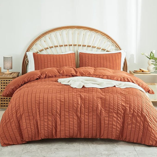 AveLom Terracotta Seersucker Duvet Cover Set King Size (104 x 90 inches), 3 Pieces (1 Duvet Cover  2 Pillow Cases), Ultra Soft Washed Microfiber, Textured Duvet Cover with Zipper Closure, Corner Ties