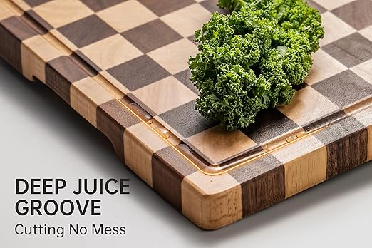 Cutting Boards for Kitchen, Design in USA Large Acacia Wood Chopping Board, Checkered Cutting Board with Juice Grooves & Handles, Butcher Block Serving Tray with Gift Box, 17" x 12" x 0.8"