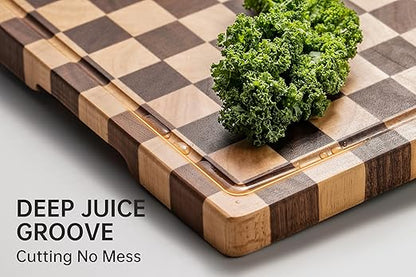 Cutting Boards for Kitchen, Design in USA Large Acacia Wood Chopping Board, Checkered Cutting Board with Juice Grooves & Handles, Butcher Block Serving Tray with Gift Box, 17" x 12" x 0.8"