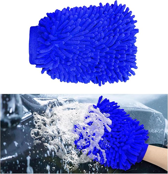 Ziciner Premium Microfiber Wash Mitt, Soft Scratch-Free Double-Sided Chenille Washing Gloves Perfect for Car Washing and Detailing (Blue, Large)