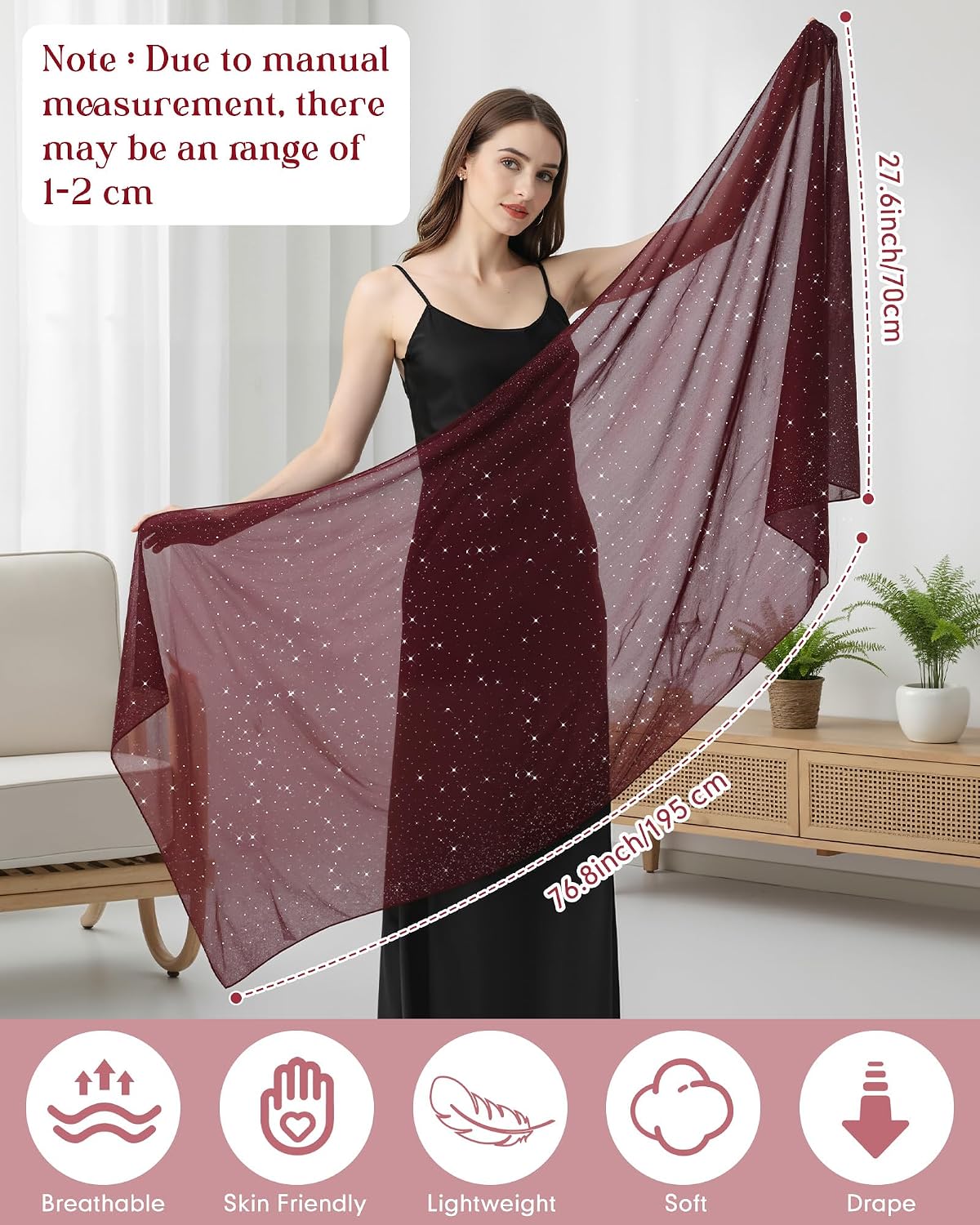Hercicy 1 Pcs Womens Rhinestones Shawls Evening Dresses Wraps Sheer Chiffon Elegant Soft Silky Sparkly Wedding Bridal Scarf