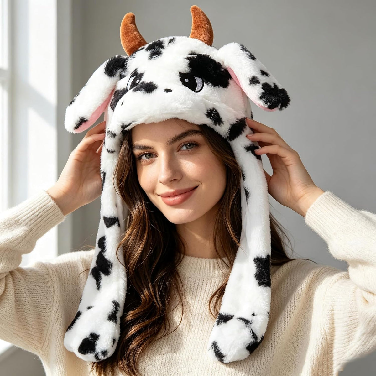 Cow Hat Ear Moving Jumping Hat Funny Plush Cap Dress Up Cosplay Party Christmas Holiday Cute Ear Flap Cap