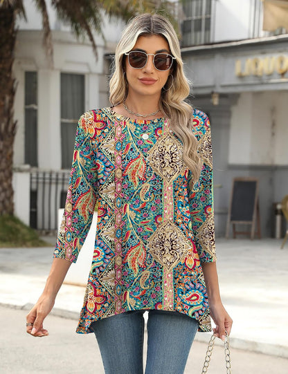 Lomon 3/4 Sleeve Tunic Tops for Women Loose Fit Dressy Casual Blouse Flowy Shirts to Wear with Leggings S-3XL