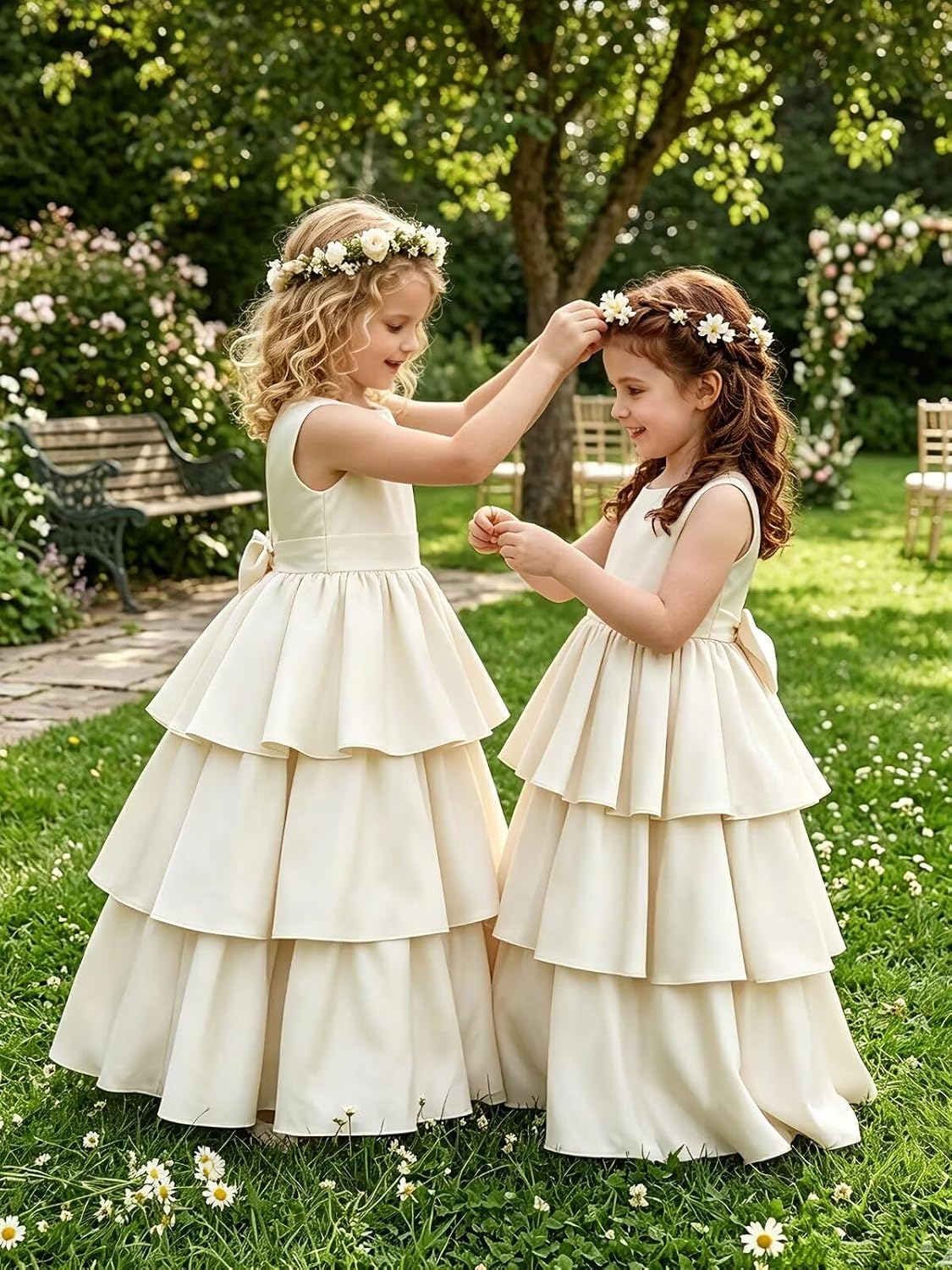 Satin Flower Girl Dresses for Wedding Tiered First Communion Dress Bow on Back Girls Formal Pageant Party Ball Gown