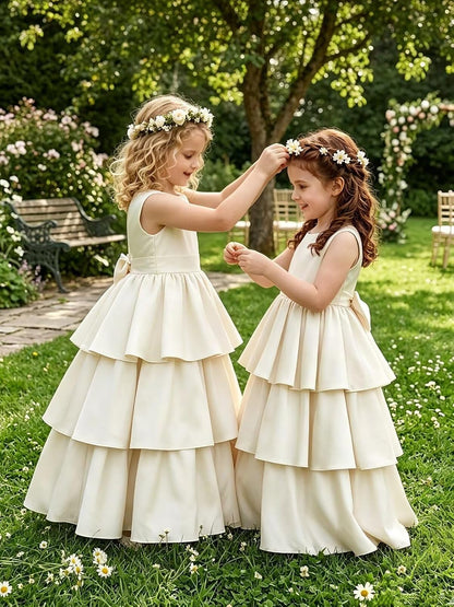 Satin Flower Girl Dresses for Wedding Tiered First Communion Dress Bow on Back Girls Formal Pageant Party Ball Gown