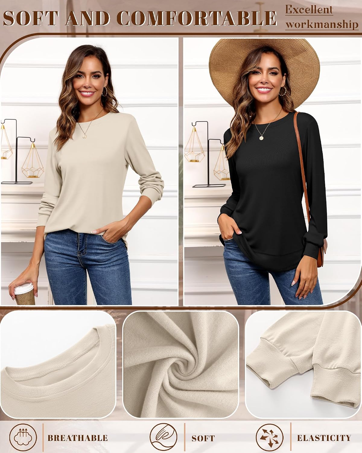 Riyiper 2 Pack Women's Crew Neck Sweatshirts, Cotton Long Sleeve Casual Shirts Loose Fit Tunic Tops Plain Basic Pullover Tees