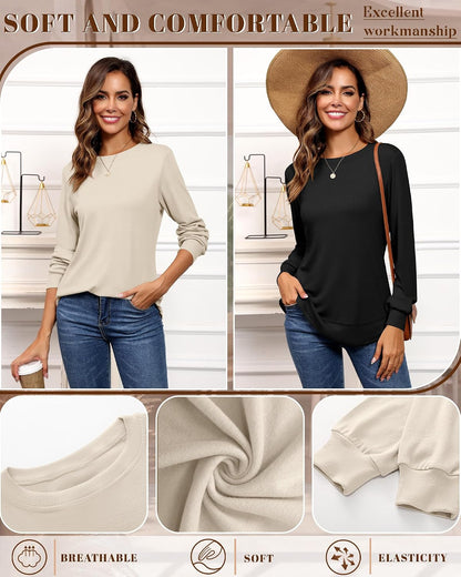 Riyiper 2 Pack Women's Crew Neck Sweatshirts, Cotton Long Sleeve Casual Shirts Loose Fit Tunic Tops Plain Basic Pullover Tees