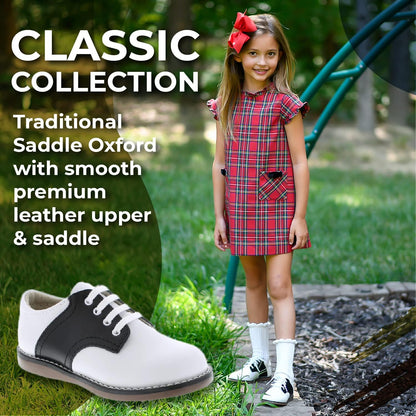 FOOTMATES Cheer Lace-Up Saddle Oxford Girls and Boys Dress Shoes with Wide Toe Box and Custom-Fit Insoles, Non-Marking Outsoles Toddler 7.5