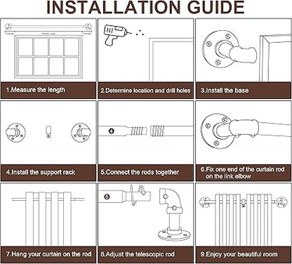 Industrial Curtain Rods for Windows 48 to 84, 2 Pack 1 Inch Heavy Duty Curtain Rods, IndoorOutdoor Curtain Rod 48-84 inch, Wrap Around Blackout Curtain Rod, Rustic Black Drapery Rods