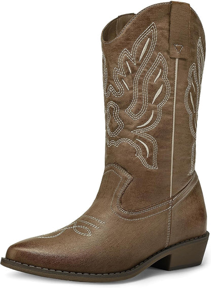 mysoft Cowboy Boots For Women - Western Cowgirl Boots Mid Calf Chunky Heel Booties Pointed Toe Country Shoes