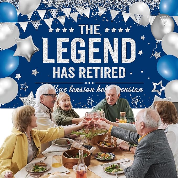 Retirement Banner Party Decortions The Legend Has Retired Banner Decor for Men Woman Coworker, Blue Silver Farewell Send-Off Backdrop Retirement Party Supplies