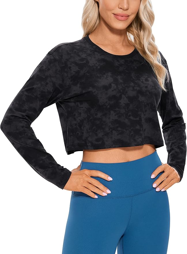 CRZYOGA Pima Cotton Long Sleeve Shirts for Women Loose Workout Crop Tops Athletic Gym Cropped Basic T-Shirts