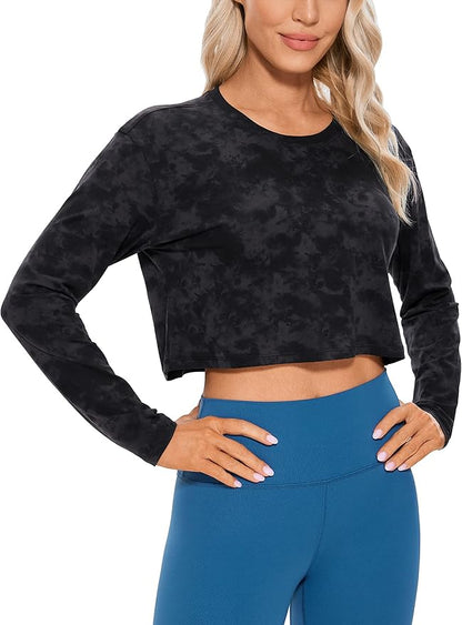 CRZYOGA Pima Cotton Long Sleeve Shirts for Women Loose Workout Crop Tops Athletic Gym Cropped Basic T-Shirts