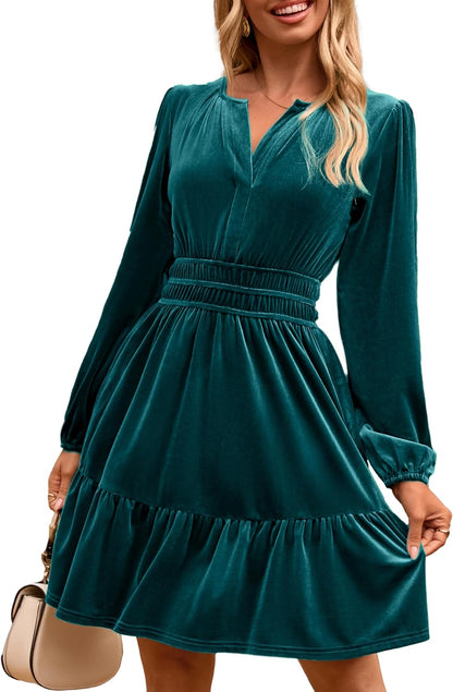 Simplee Womens Velvet Dress 2025 Fall Cocktail Long Sleeve Empire V Neck Wedding Guest Holiday Mini Dresses with Pockets