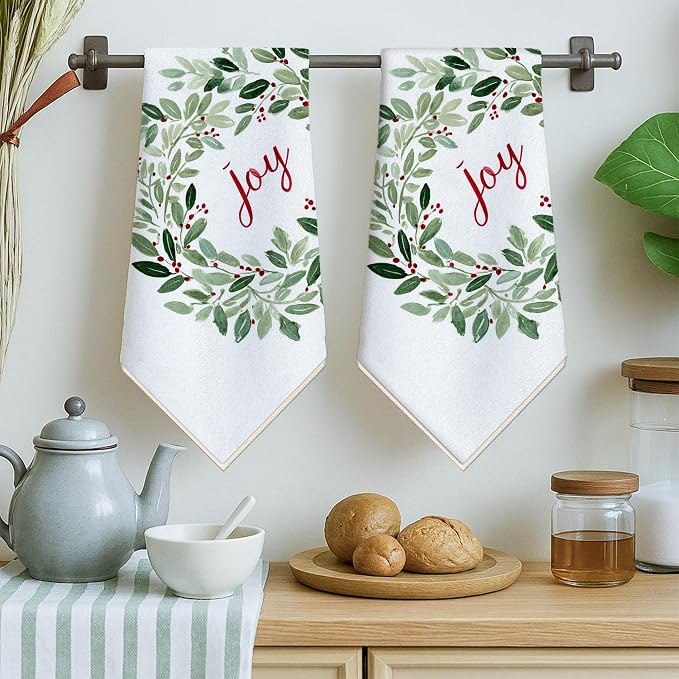 Joy Kitchen Towels, Christmas Rustic Leaves Berries Christmas Green Drying Kitchen Hand Towels New Home Essentials 16x24 Inch (Set of 4)