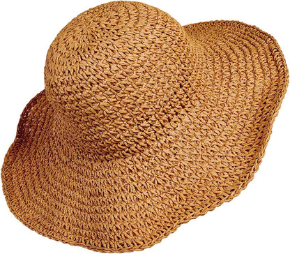 Women Straw Hat Wide Brim Beach Sun Cap Foldable Large Lady Floppy 100% Natural Paper Braided for Travel Summer Vacation