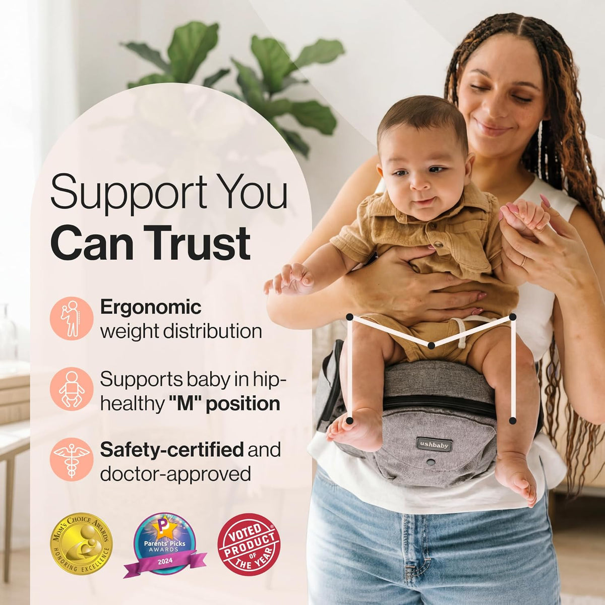 Tushbaby Original Hip Seat Baby Carrier for Babies & Toddlers up to 45 lbs, Safety Certified, Lightweight No-Foam Design with Storage, Grey