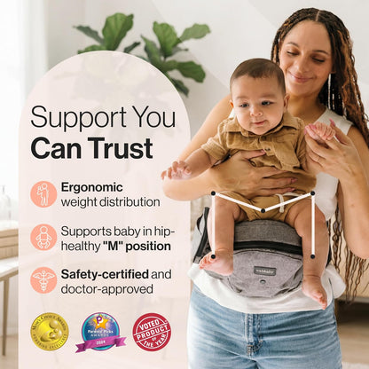 Tushbaby Original Hip Seat Baby Carrier for Babies & Toddlers up to 45 lbs, Safety Certified, Lightweight No-Foam Design with Storage, Grey